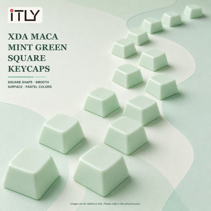 Macarune – Mint green square keycaps arranged in a winding line across a pale green surface