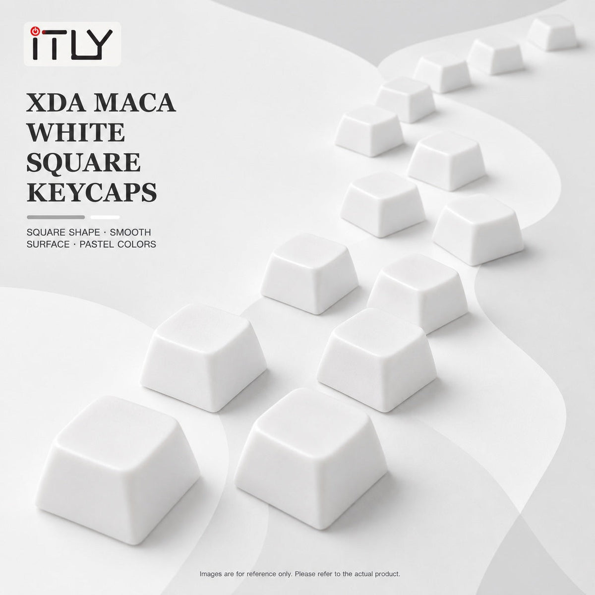 Macarune Macaron Mechanical Keyboard Keycaps – white square keycaps lined up in a curving path on a white backdrop