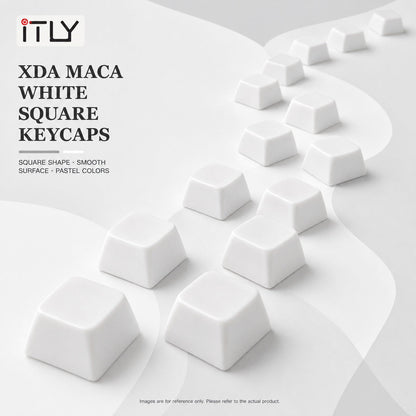 Macarune Macaron Mechanical Keyboard Keycaps – white square keycaps lined up in a curving path on a white backdrop