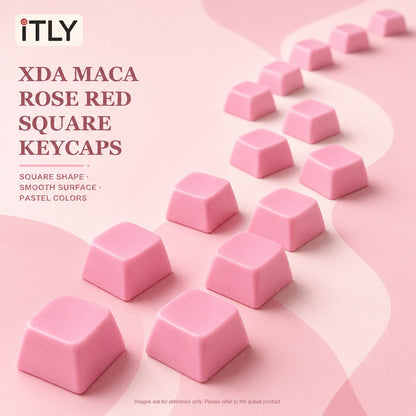 Macarune Macaron Mechanical Keyboard Keycaps – rose red square keycaps in a curving row on a pink backdrop