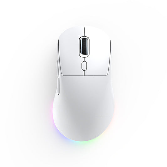 Glowlink – White wireless mouse in plain matte finish, top view showing scroll wheel, side buttons and rainbow rear lighting