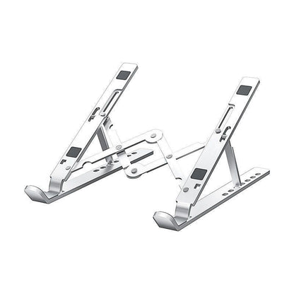 Tiltfolio – Silver foldable laptop stand with angled arms and rubber pads, shown on a plain white background