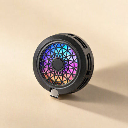 Typechill Mobile Phone Cooler, black round fan with rainbow RGB lights and a Type-C plug on a beige background