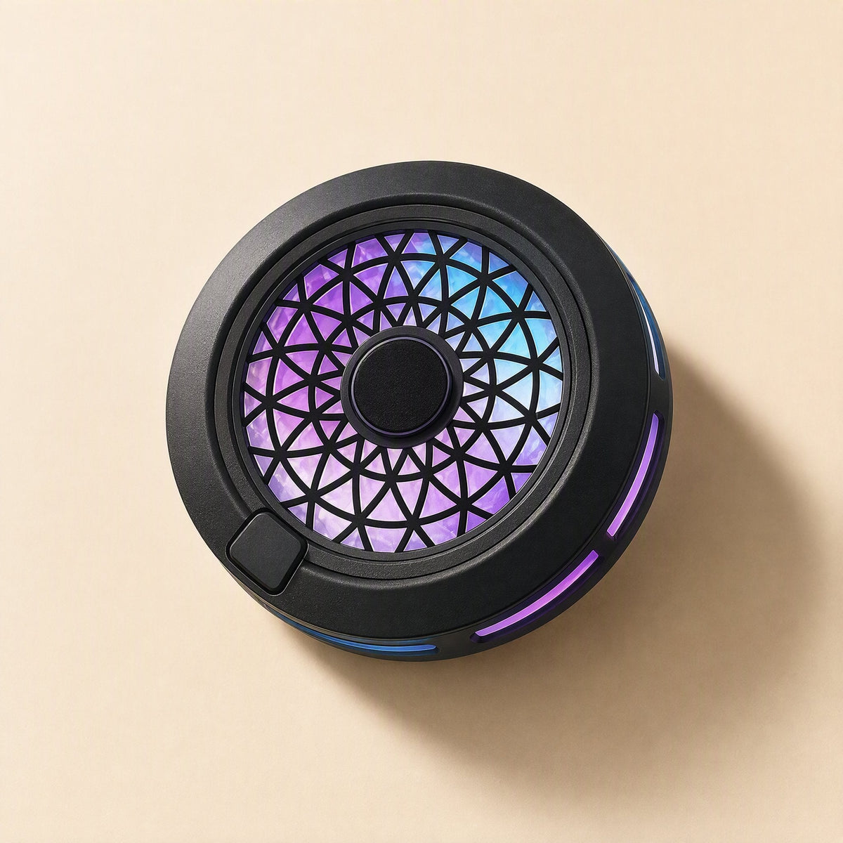 Typechill – Black round cooler from above with purple-blue lit grille, glowing side strips and a corner button