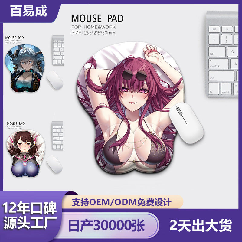 Toonwrist Anime Wrist Rest Mouse Pad with three anime character designs and a white mouse on a gray desk