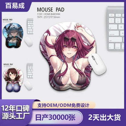 Toonwrist Anime Wrist Rest Mouse Pad with three anime character designs and a white mouse on a gray desk