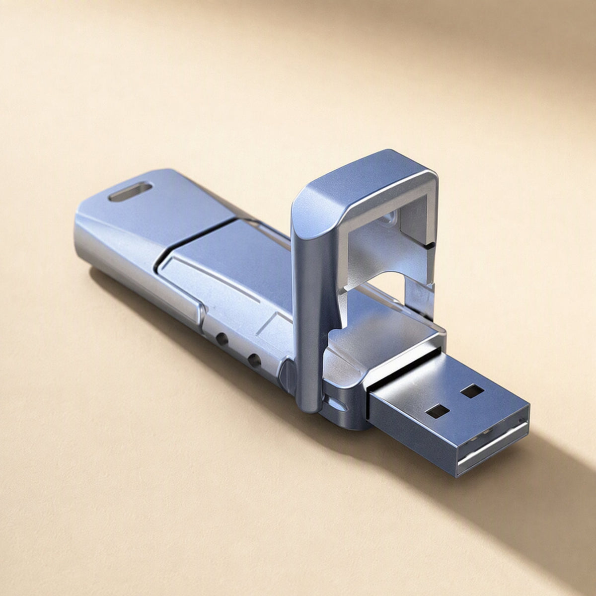 Pivotflash – Blue-grey metal flash drive with the rotating frame raised and a USB-A connector extended, angled view