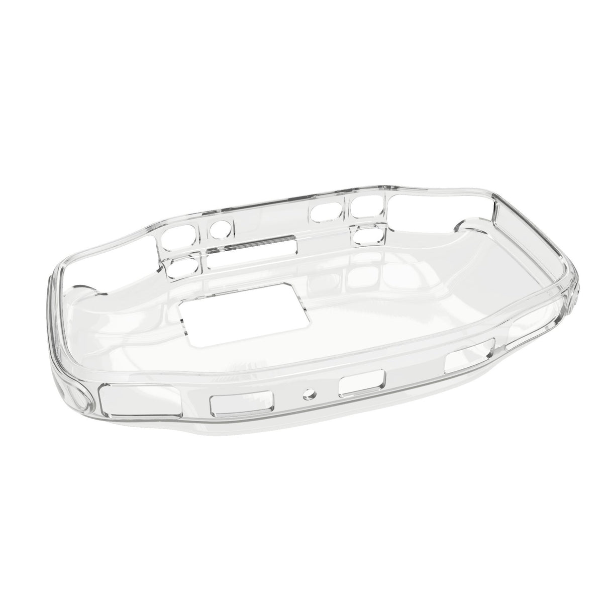 Cladwell – Empty clear TPU case seen from above, showing cutouts for buttons, ports and the cartridge slot