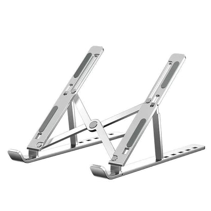 Foldwing – Silver foldable aluminum laptop stand with grey silicone strips, shown on a white background