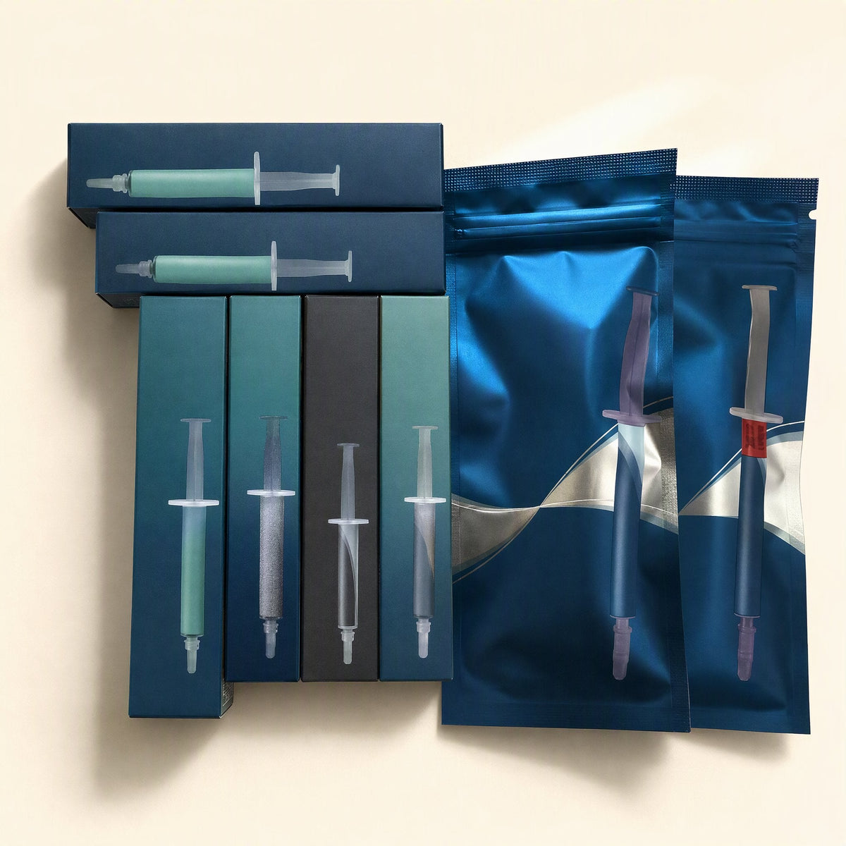 Chipglide CPU Thermal Paste syringes in boxes and foil pouches arranged on a cream background