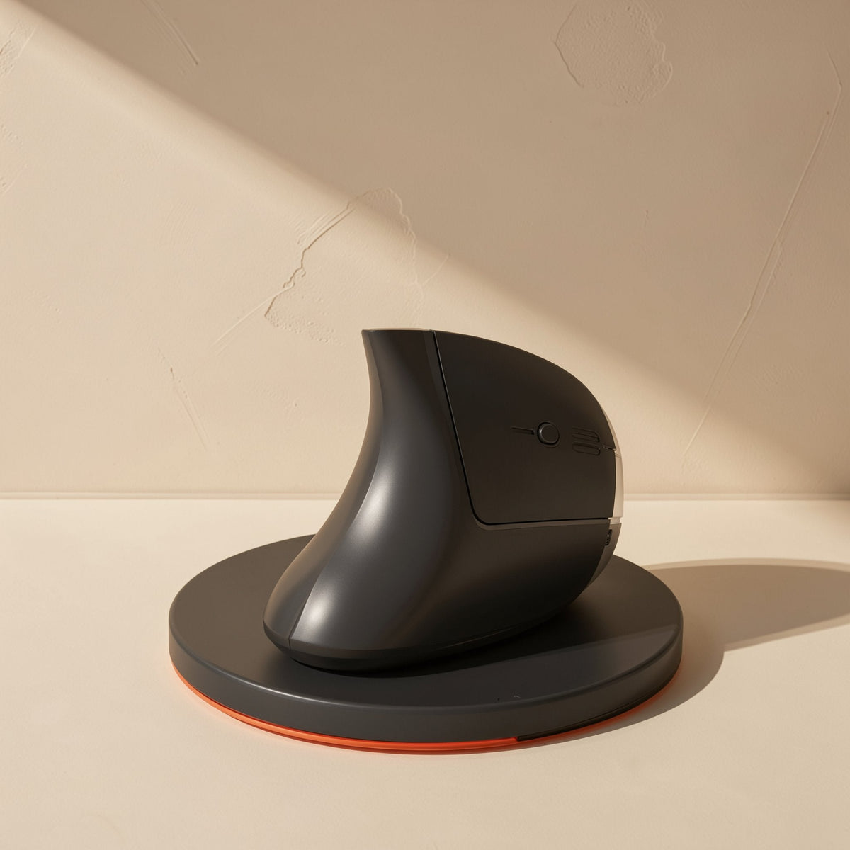 Palmglide – Black vertical mouse resting on a round dark stand with an orange edge, against a plaster wall