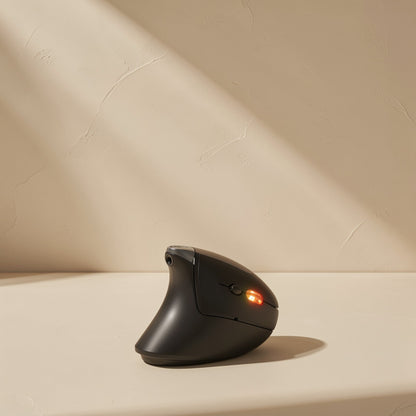 Palmglide – Front view of the black vertical mouse with a glowing orange indicator light and scroll wheel