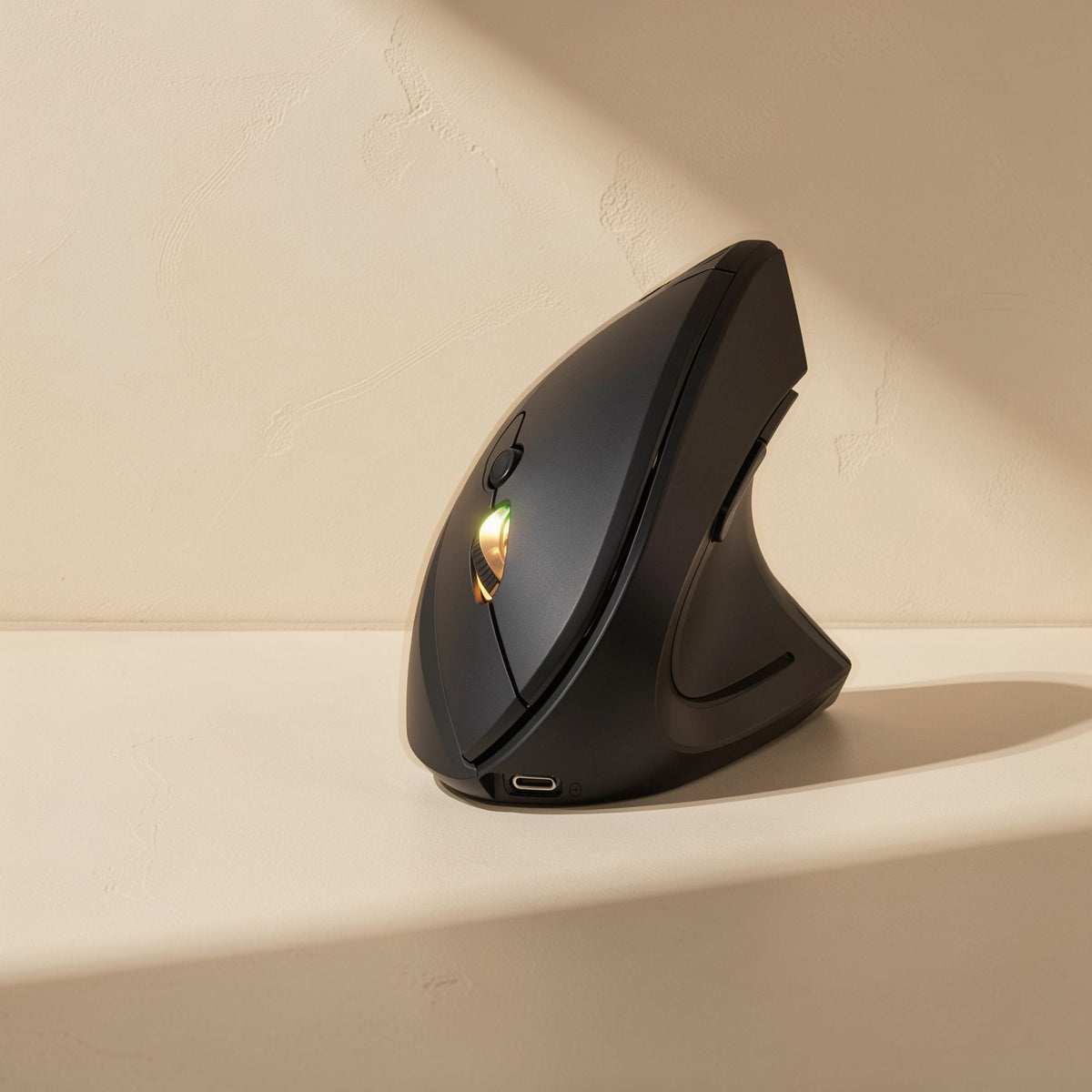 Palmglide – Black vertical mouse angled toward the camera, showing a USB-C charging port and a glowing amber light