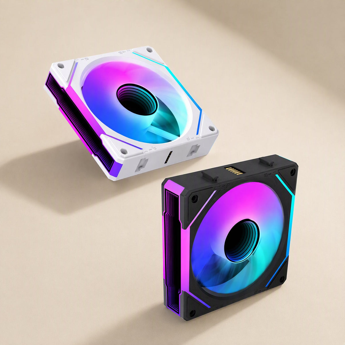 Linkbreeze 12cm interlocking case fan in white and black, angled with RGB lighting on a beige background