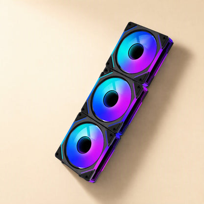 Linkbreeze – Three black interlocking fans linked in a vertical row with blue and purple RGB glow