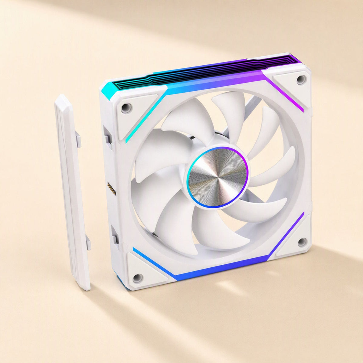 Linkbreeze – White fan with silver hub and RGB edge lighting, shown beside a detached side connector strip