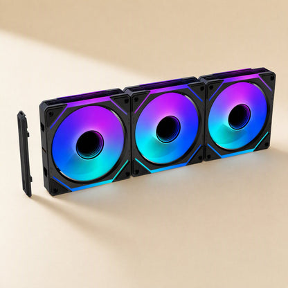 Linkbreeze – Row of three black interlocking fans lit in blue, purple and teal, with a separate connector piece at left