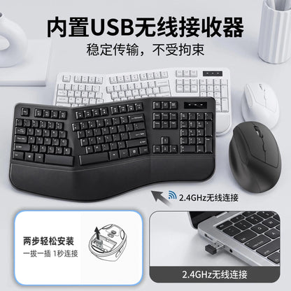 Vertrest – Ergonomic keyboard and mouse in black and white, with a close-up of the USB receiver plugged into a laptop