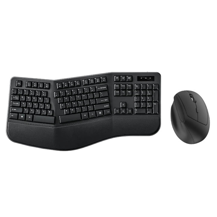 Vertrest – Black split-layout ergonomic keyboard with padded wrist rest and vertical mouse on a plain white background