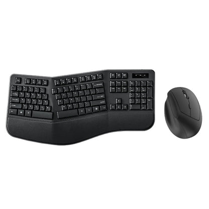 Vertrest – Black split-layout ergonomic keyboard with padded wrist rest and vertical mouse on a plain white background