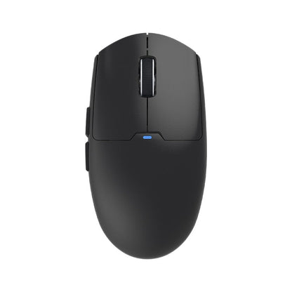 Glide Wireless Gaming Mouse – black mouse top-down on a white background showing two side buttons and a blue LED