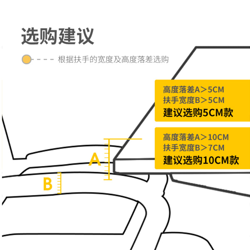Armrestloom – Diagram showing how to measure armrest width and height gap below the desk to choose a 5cm or 10cm cushion