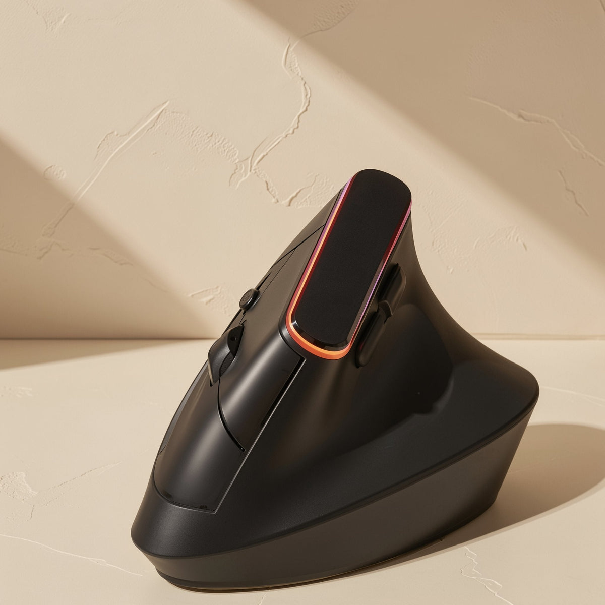 Ergohover – Black vertical mouse seen from the front-left with an orange-red glowing light strip on a textured beige backdrop