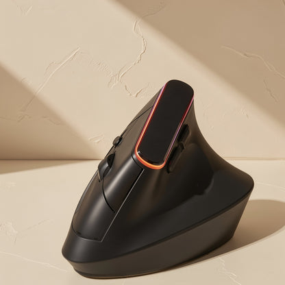Ergohover – Black vertical mouse seen from the front-left with an orange-red glowing light strip on a textured beige backdrop