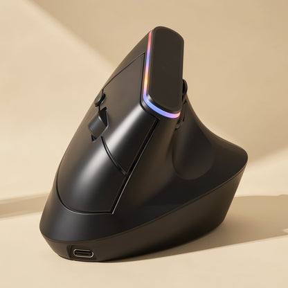 Ergohover – Close-up of the black vertical mouse showing a rainbow light strip, thumb rest and USB-C port on a tan background