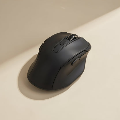 Glidebeam – Black ergonomic wireless mouse at an angle showing scroll wheel, top buttons and thumb buttons on a cream surface