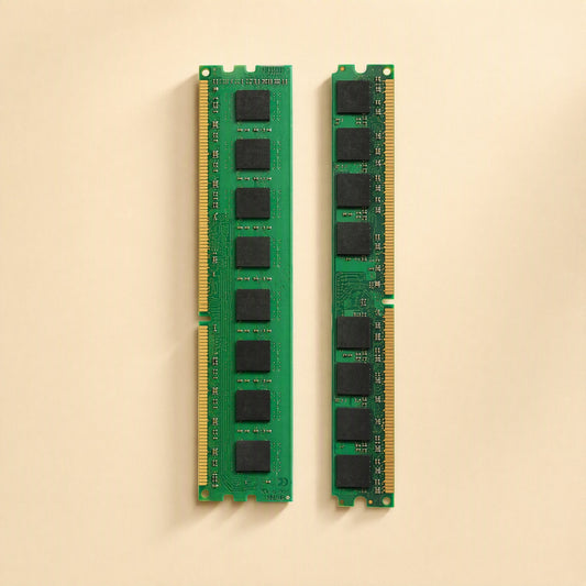 Bitboost – Two green RAM modules standing upright, showing eight black memory chips and gold contacts