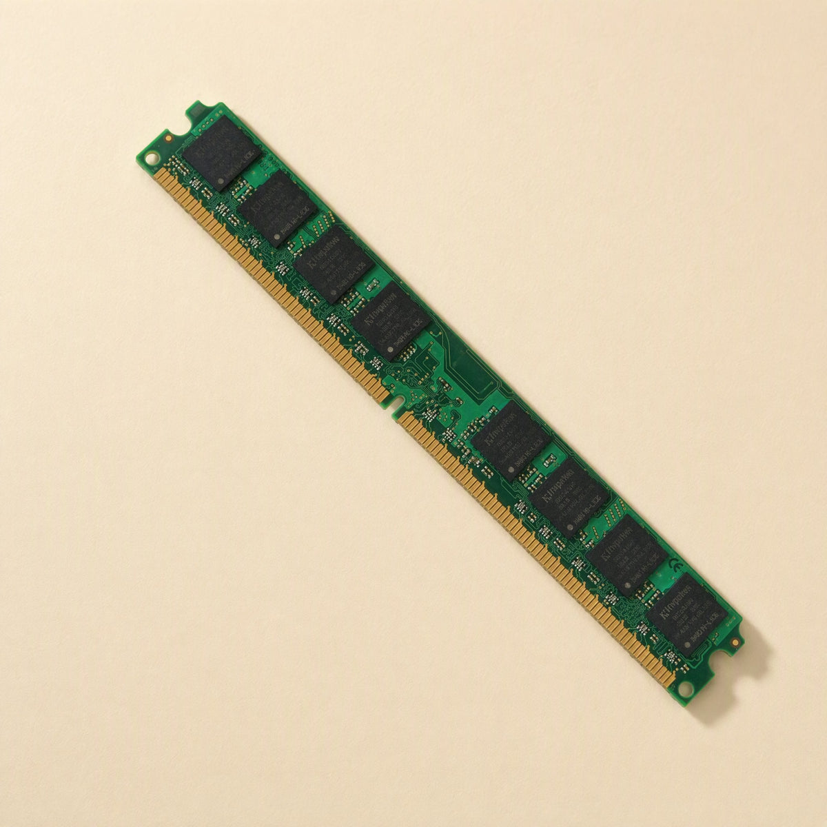 Bitboost – Single green 240-pin RAM module angled across a cream background, showing black chips and gold contacts