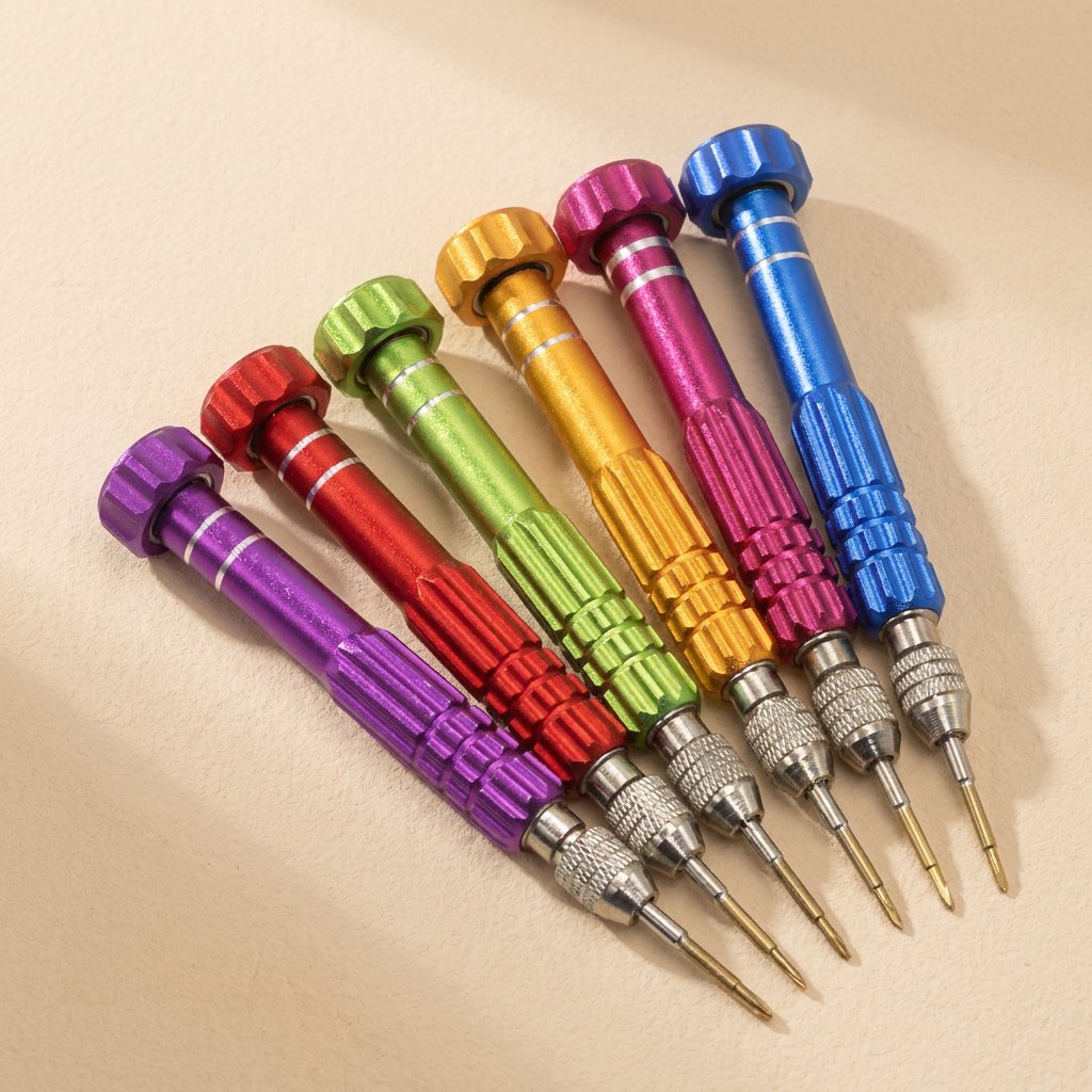 Screwwise Phone Repair Screwdriver Set: six anodized screwdrivers in purple, red, green, gold, pink and blue
