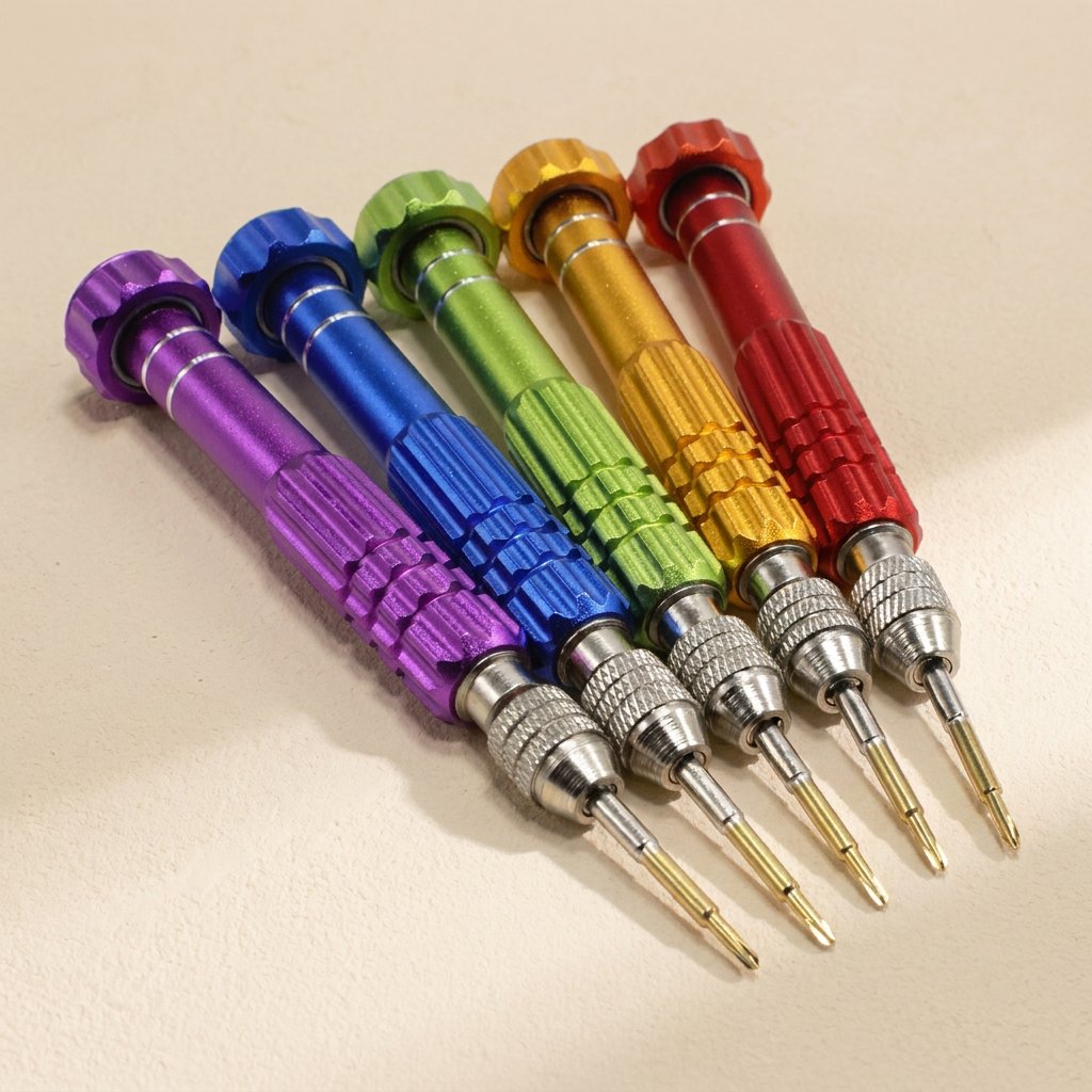 Screwwise – Close view of five screwdrivers in purple, blue, green, gold and red with silver chucks and gold tips