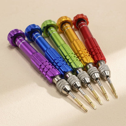 Screwwise – Close view of five screwdrivers in purple, blue, green, gold and red with silver chucks and gold tips