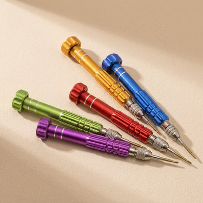 Screwwise – Five screwdrivers in gold, blue, green, red and purple fanned out on a cream background