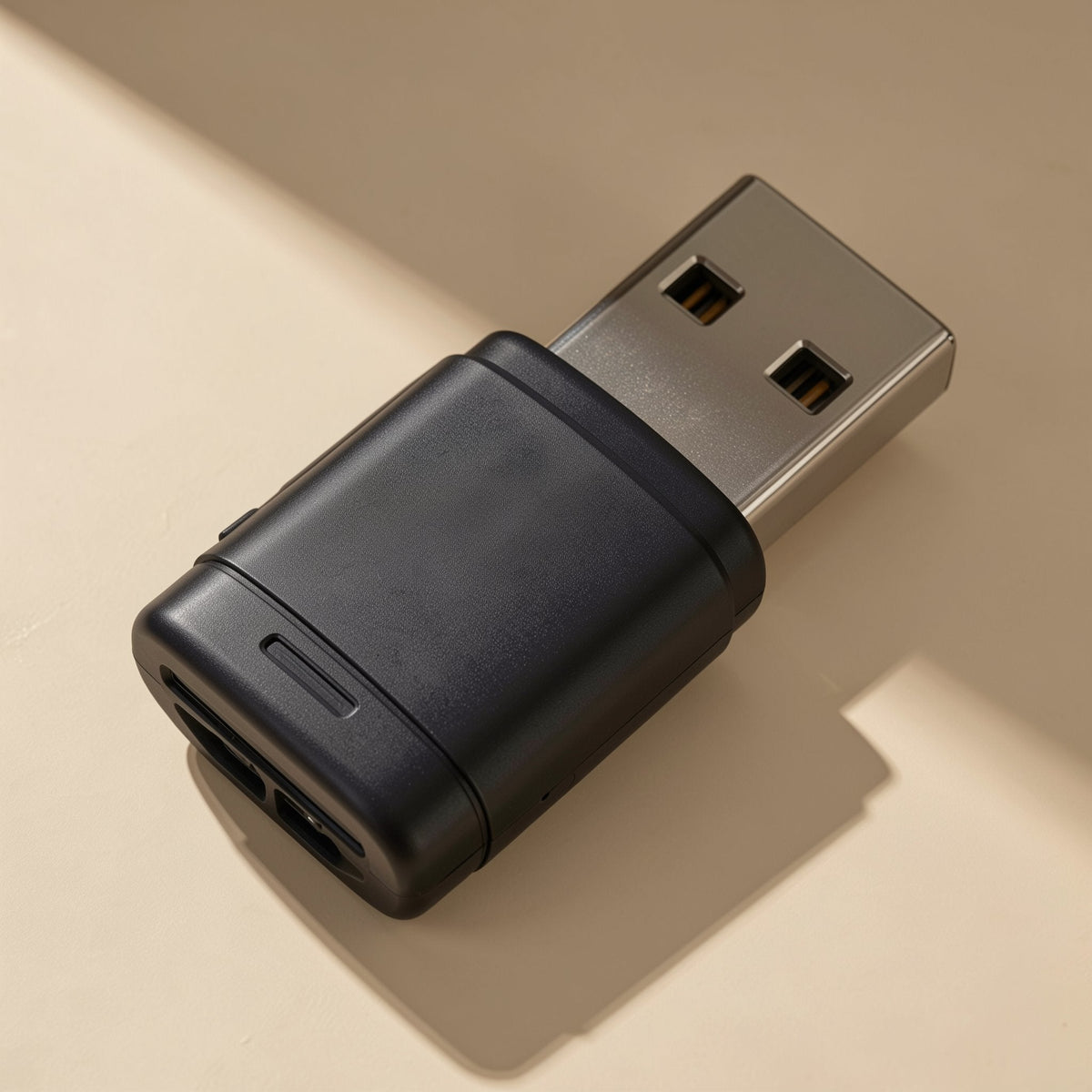 Cardport USB TF Card Reader – black USB TF card reader with metal USB plug and card slot, shown at an angle