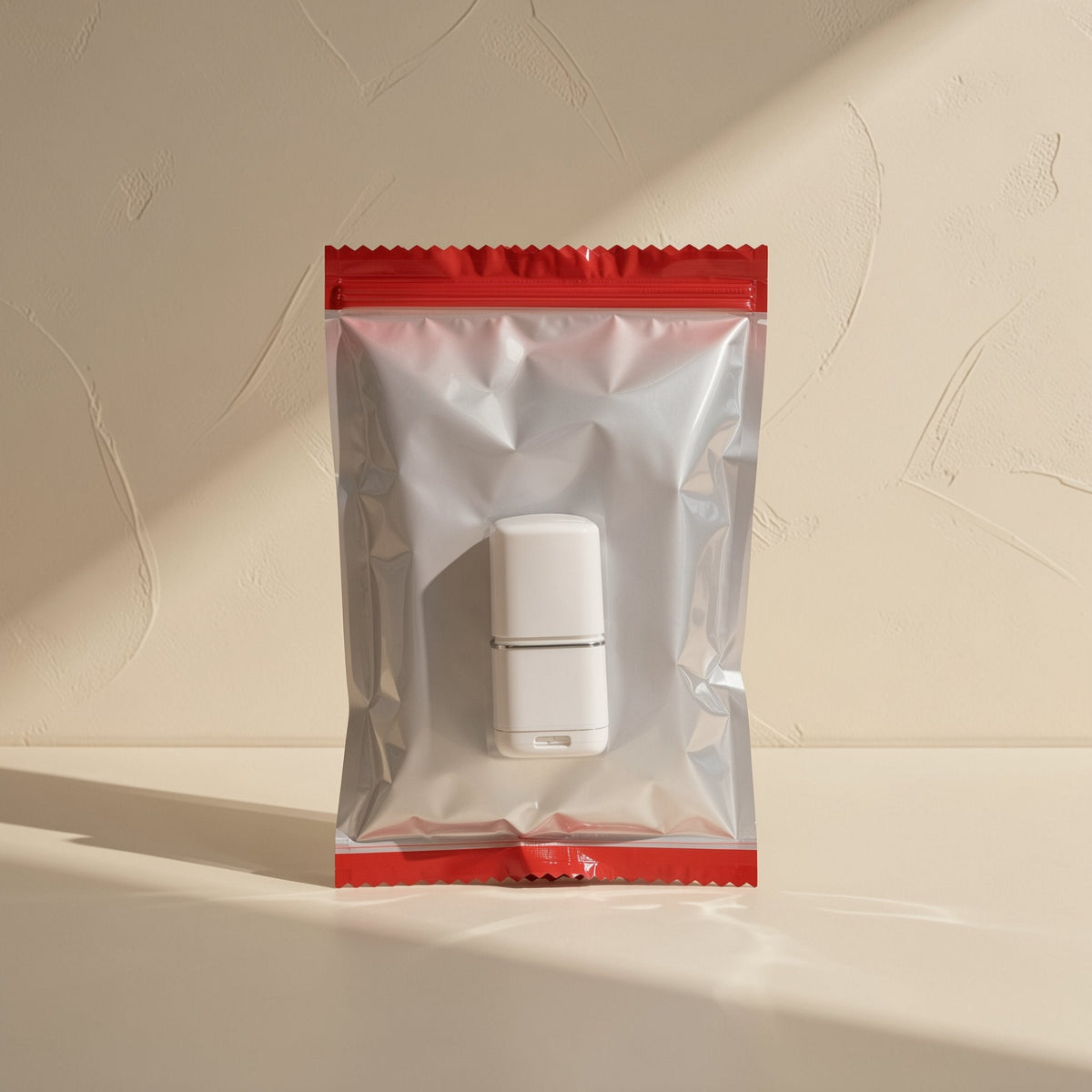 Cardport USB TF Card Reader – white card reader in a silver zip pouch with red edges, standing on a pale tabletop