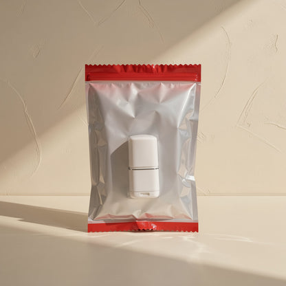 Cardport USB TF Card Reader – white card reader in a silver zip pouch with red edges, standing on a pale tabletop