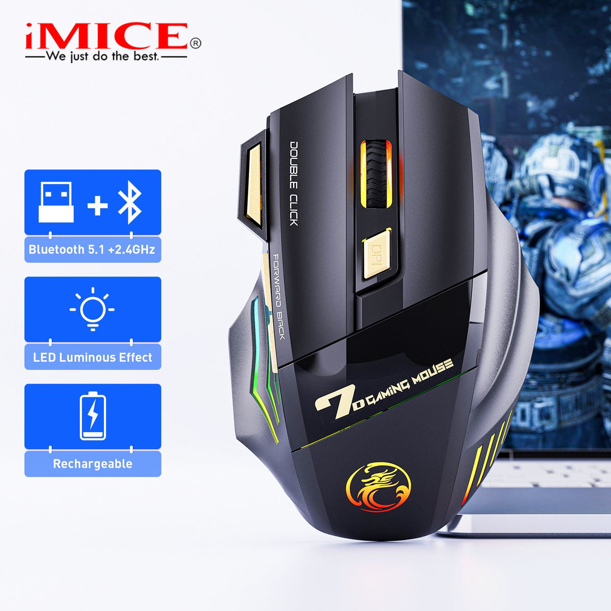 Clickswift – Black wireless mouse beside a laptop, with icons for Bluetooth 5.1 and 2.4GHz, LED lighting and rechargeable