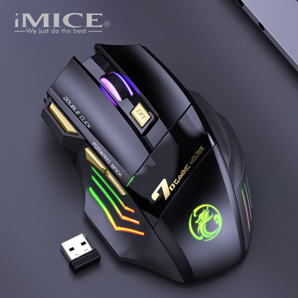 Clickswift – Top-down view of the black mouse with glowing green dragon logo, colored scroll wheel and USB receiver
