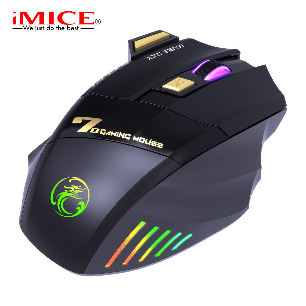 Clickswift – Front view of the black mouse with green dragon logo and rainbow LED stripes on the lower front