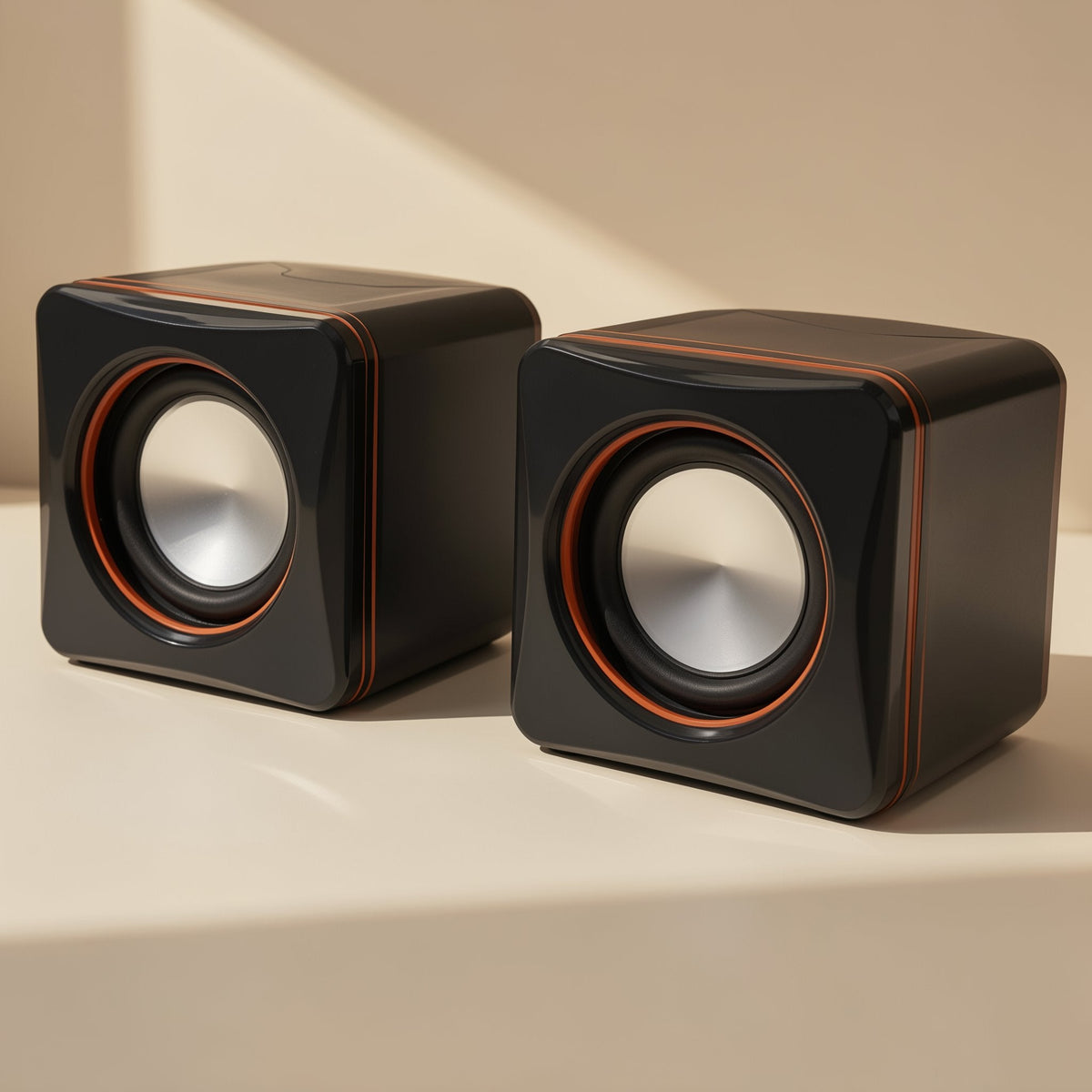 Desktune Mini Computer Speakers, a pair of glossy black cube speakers with orange trim, angled on a cream surface