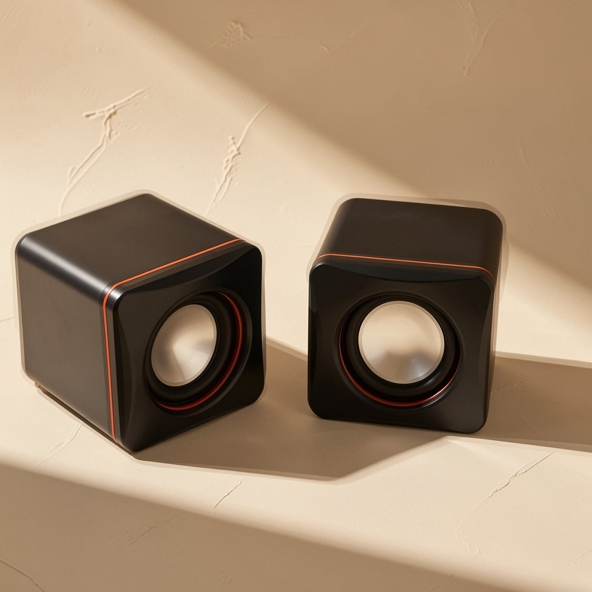 Desktune – Pair of black cube speakers turned at an angle, one side panel and orange accent line visible in raking sunlight
