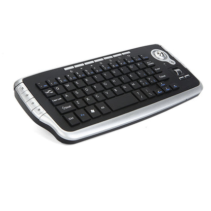 Keytrail – Compact black keyboard with silver edges and side buttons, viewed from the front left corner