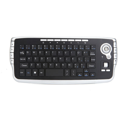 Keytrail – Top-down view of the black keyboard with trackball, mouse buttons and silver side buttons on a white background