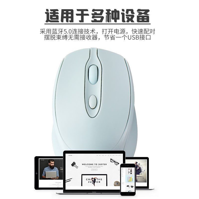 Duorove – Light blue wireless mouse top view with laptop, tablet and phone screens below and Chinese text