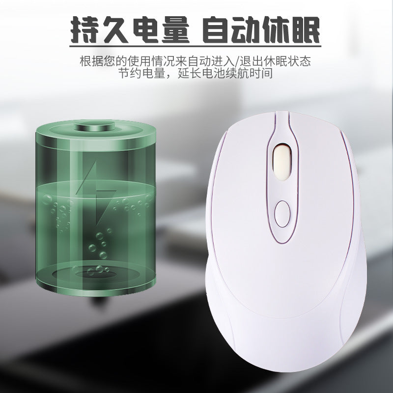 Duorove – White wireless mouse beside a green battery graphic with Chinese text about auto sleep