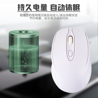 Duorove – White wireless mouse beside a green battery graphic with Chinese text about auto sleep