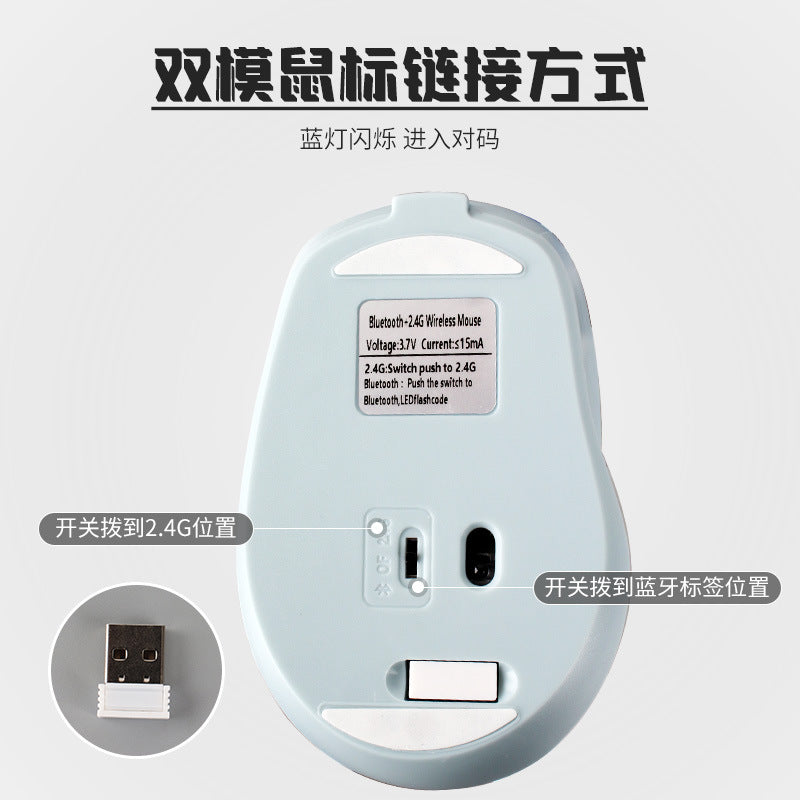 Duorove – Underside of a light blue wireless mouse showing 2.4G and Bluetooth switch, label and USB receiver